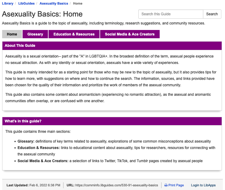 A screenshot of the homepage of a LibGuide about asexuality